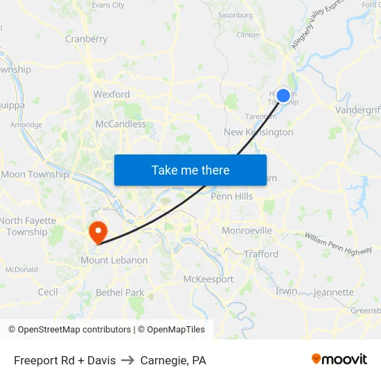 Freeport Rd + Davis to Carnegie, PA map