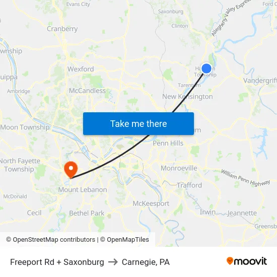 Freeport Rd + Saxonburg to Carnegie, PA map
