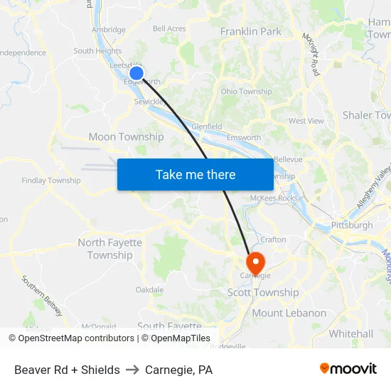 Beaver Rd + Shields to Carnegie, PA map