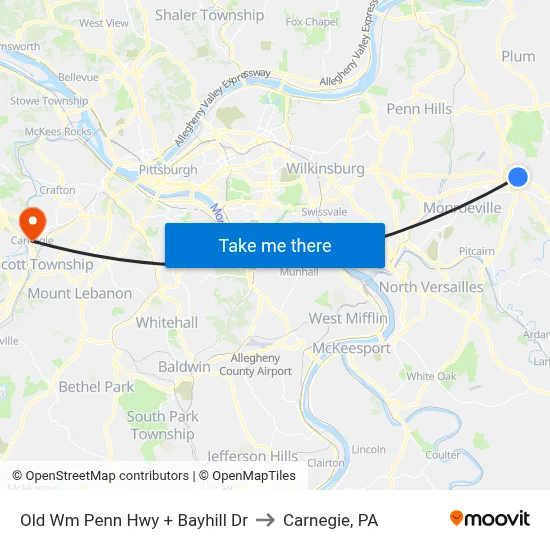 Old Wm Penn Hwy + Bayhill Dr to Carnegie, PA map