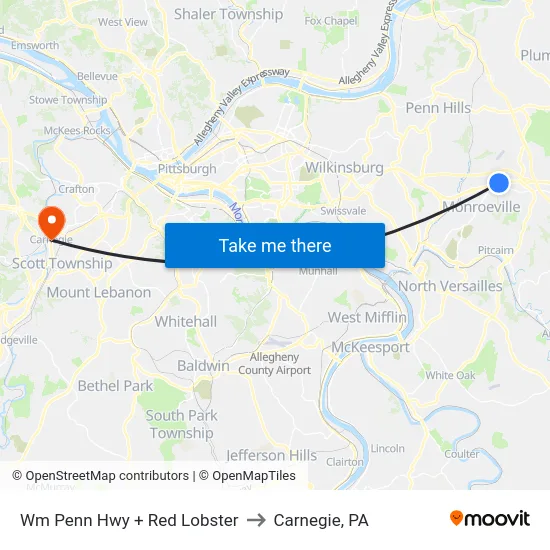 Wm Penn Hwy + Red Lobster to Carnegie, PA map
