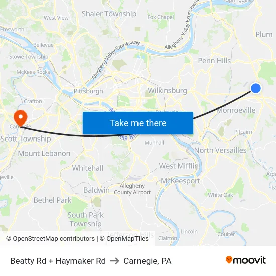 Beatty Rd + Haymaker Rd to Carnegie, PA map