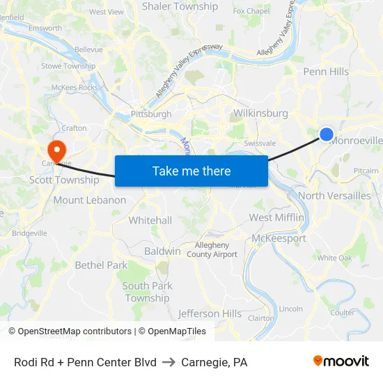Rodi Rd + Penn Center Blvd to Carnegie, PA map