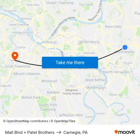 Mall Blvd + Patel Brothers to Carnegie, PA map