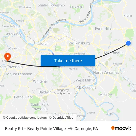 Beatty Rd + Beatty Pointe Village to Carnegie, PA map