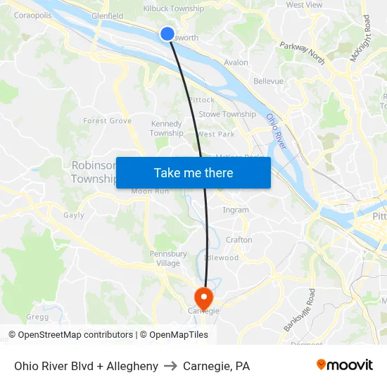 Ohio River Blvd + Allegheny to Carnegie, PA map