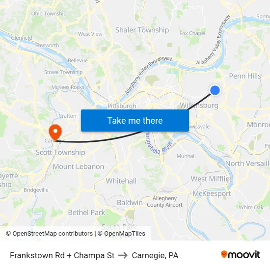 Frankstown Rd + Champa St to Carnegie, PA map