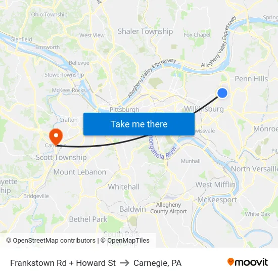 Frankstown Rd + Howard St to Carnegie, PA map