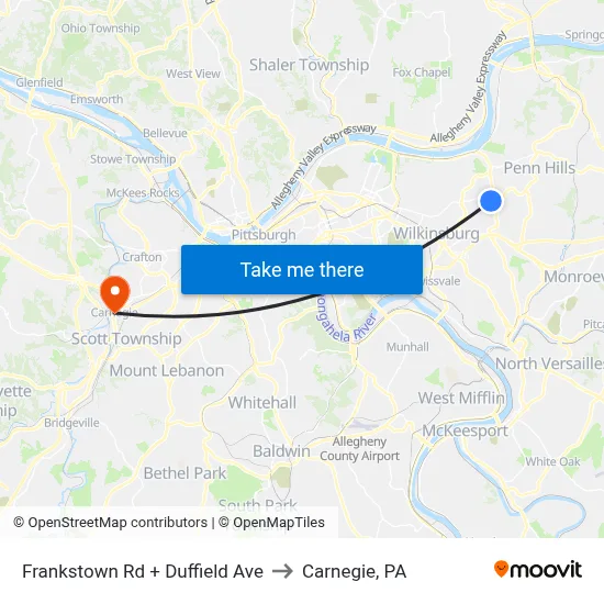 Frankstown Rd + Duffield Ave to Carnegie, PA map