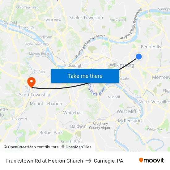 Frankstown Rd at Hebron Church to Carnegie, PA map