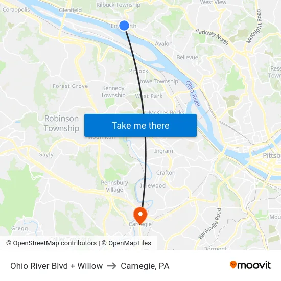 Ohio River Blvd + Willow to Carnegie, PA map