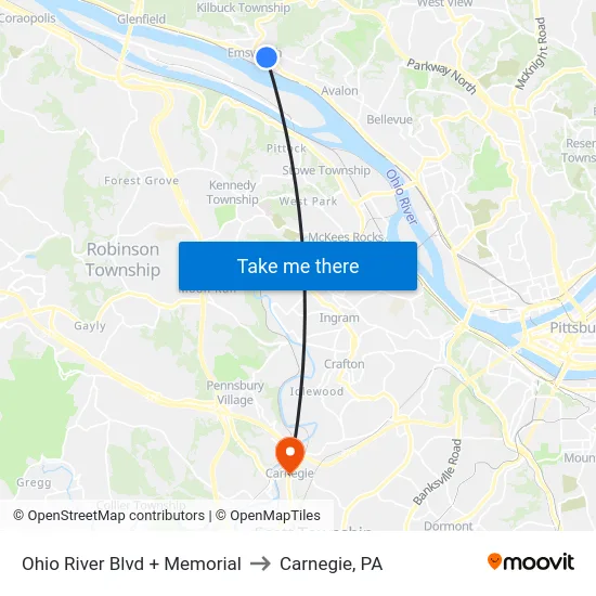 Ohio River Blvd + Memorial to Carnegie, PA map