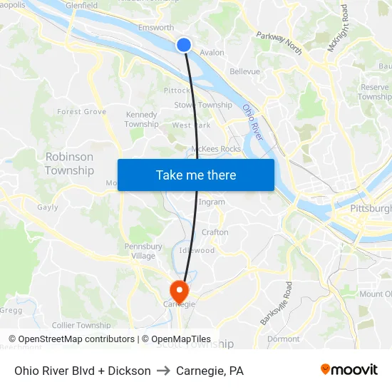 Ohio River Blvd + Dickson to Carnegie, PA map