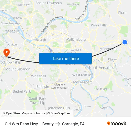 Old Wm Penn Hwy + Beatty to Carnegie, PA map