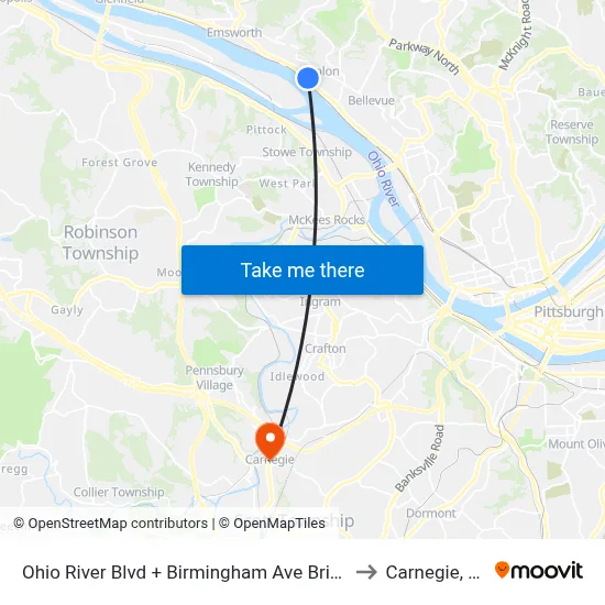 Ohio River Blvd + Birmingham Ave Bridge to Carnegie, PA map