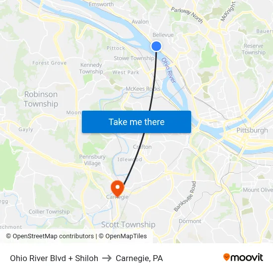 Ohio River Blvd + Shiloh to Carnegie, PA map