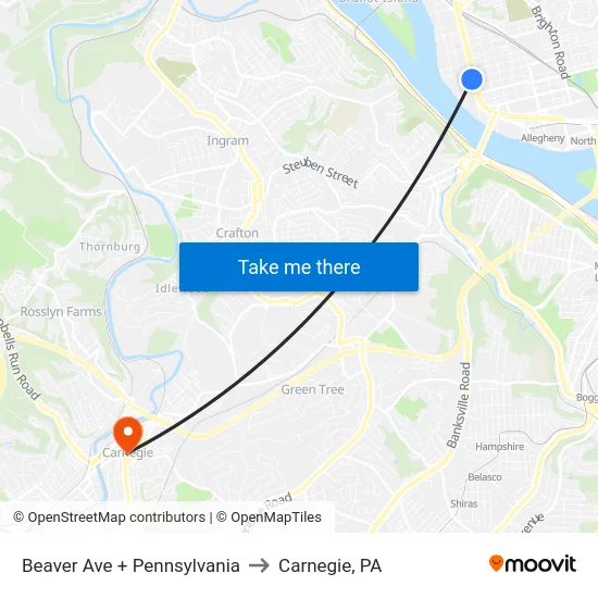 Beaver Ave + Pennsylvania to Carnegie, PA map