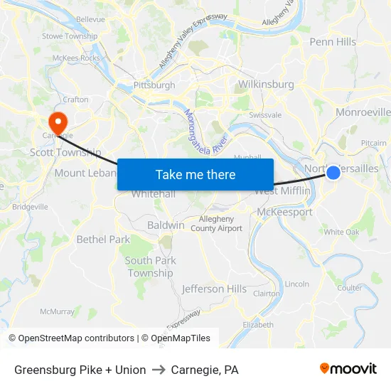 Greensburg Pike + Union to Carnegie, PA map