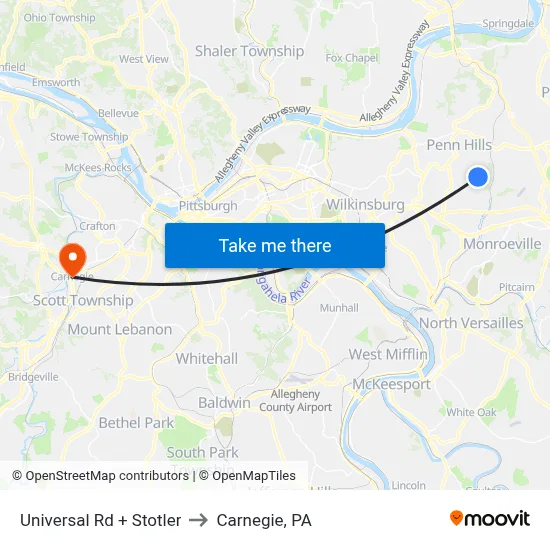 Universal Rd + Stotler to Carnegie, PA map