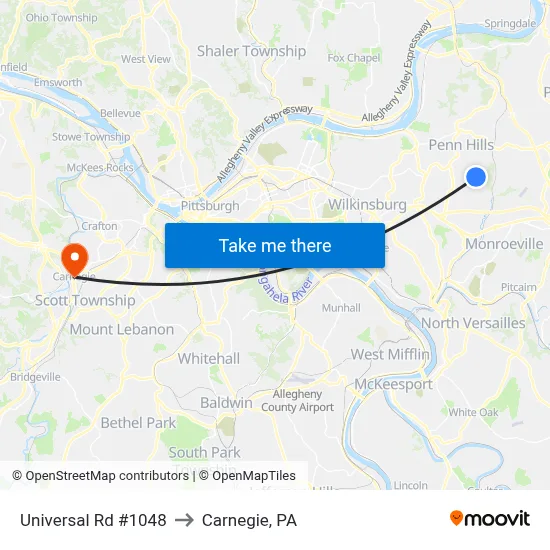 Universal Rd #1048 to Carnegie, PA map