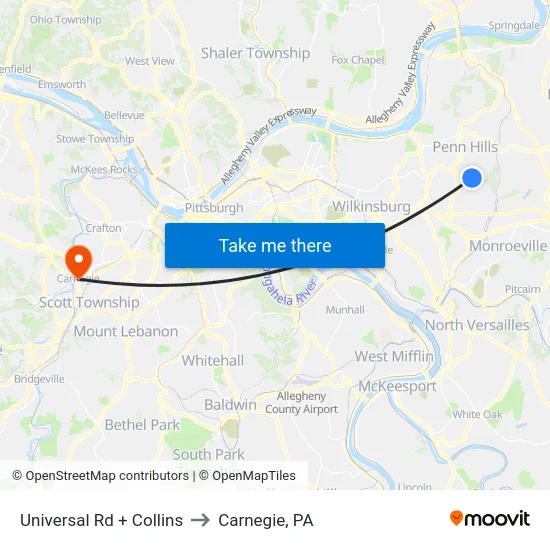 Universal Rd + Collins to Carnegie, PA map