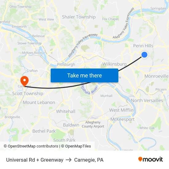 Universal Rd + Greenway to Carnegie, PA map