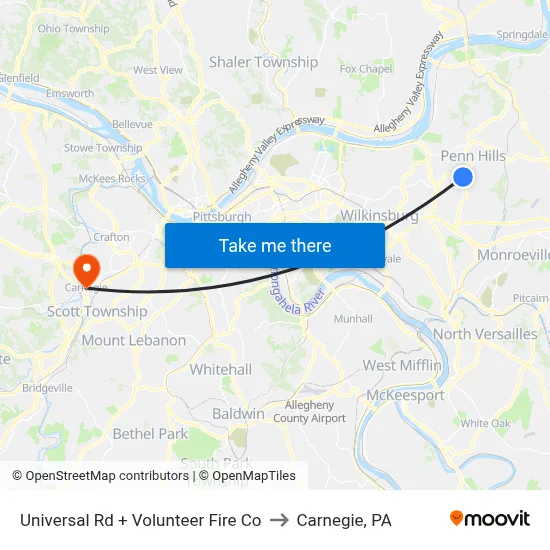 Universal Rd + Volunteer Fire Co to Carnegie, PA map