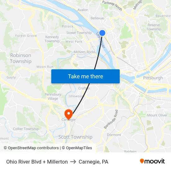 Ohio River Blvd + Millerton to Carnegie, PA map