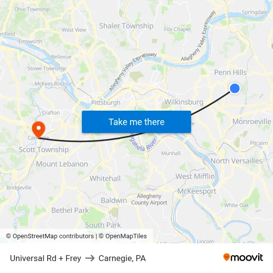 Universal Rd + Frey to Carnegie, PA map