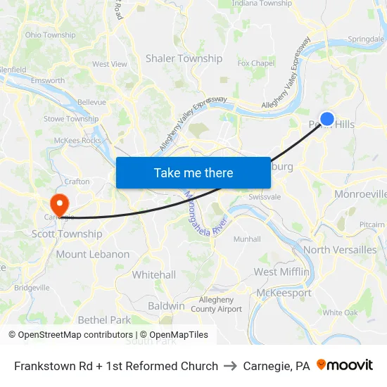 Frankstown Rd + 1st Reformed Church to Carnegie, PA map
