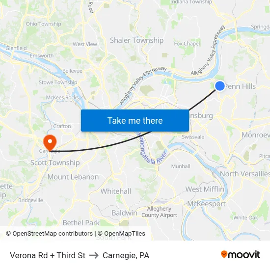 Verona Rd + Third St to Carnegie, PA map