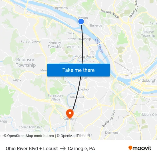 Ohio River Blvd + Locust to Carnegie, PA map