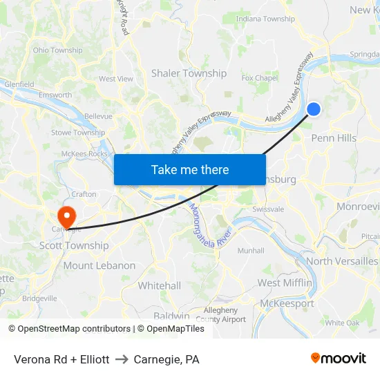 Verona Rd + Elliott to Carnegie, PA map