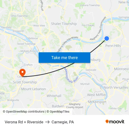 Verona Rd + Riverside to Carnegie, PA map