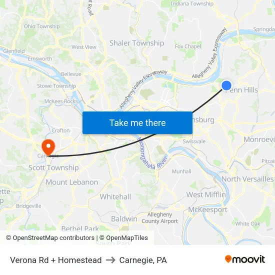 Verona Rd + Homestead to Carnegie, PA map
