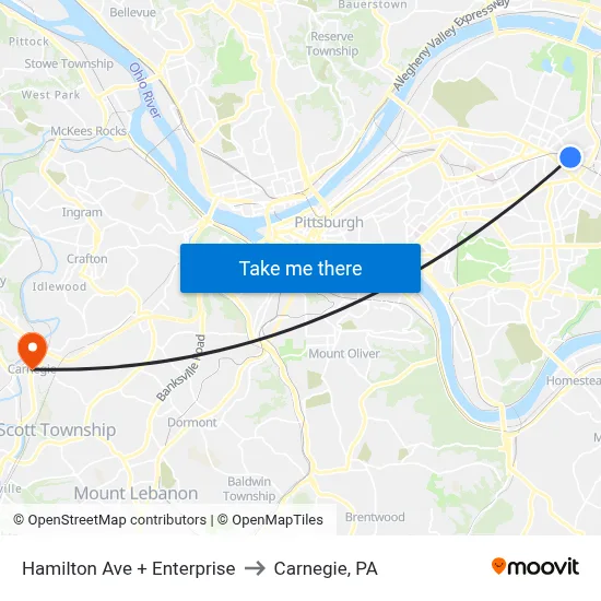 Hamilton Ave + Enterprise to Carnegie, PA map