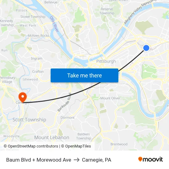 Baum Blvd + Morewood Ave to Carnegie, PA map