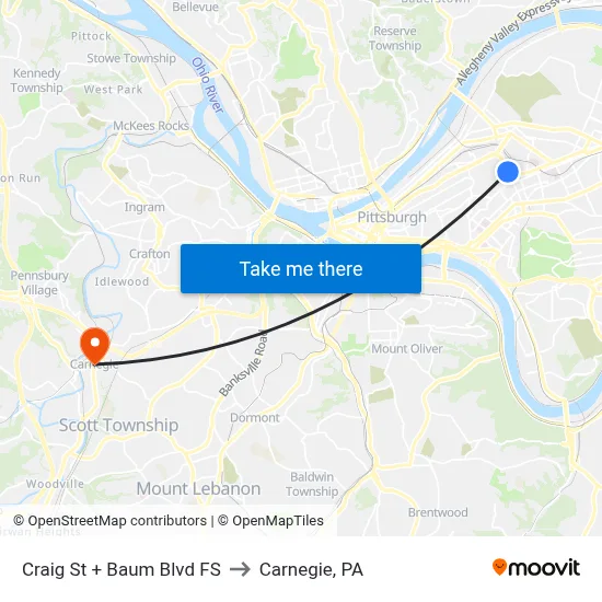 Craig St + Baum Blvd FS to Carnegie, PA map
