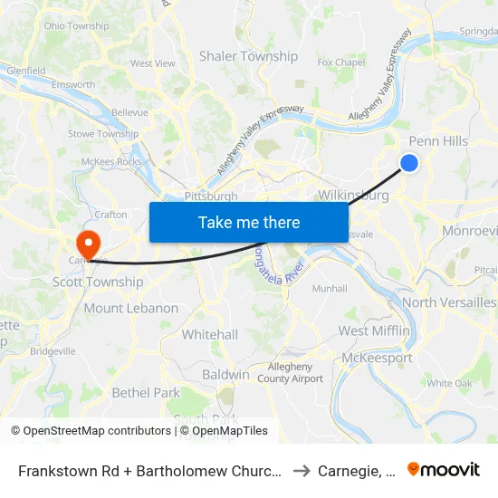 Frankstown Rd + Bartholomew Church Dr to Carnegie, PA map