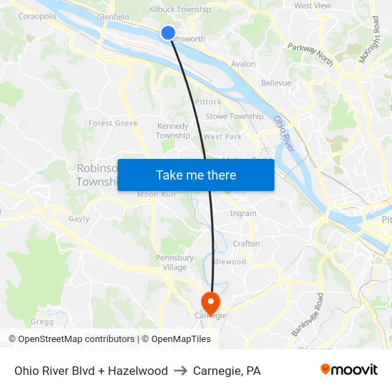 Ohio River Blvd + Hazelwood to Carnegie, PA map