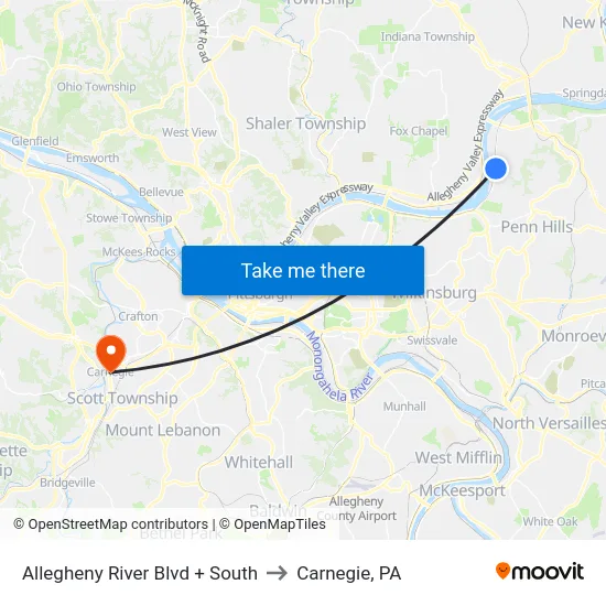 Allegheny River Blvd + South to Carnegie, PA map
