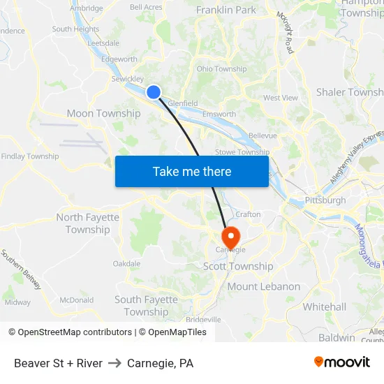Beaver St + River to Carnegie, PA map