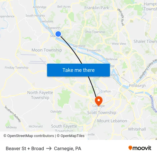 Beaver St + Broad to Carnegie, PA map