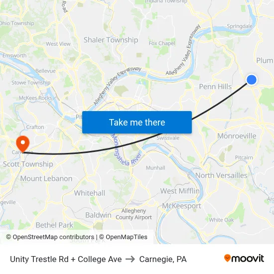 Unity Trestle Rd + College Ave to Carnegie, PA map