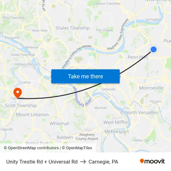Unity Trestle Rd + Universal Rd to Carnegie, PA map