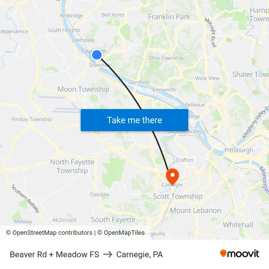 Beaver Rd + Meadow FS to Carnegie, PA map