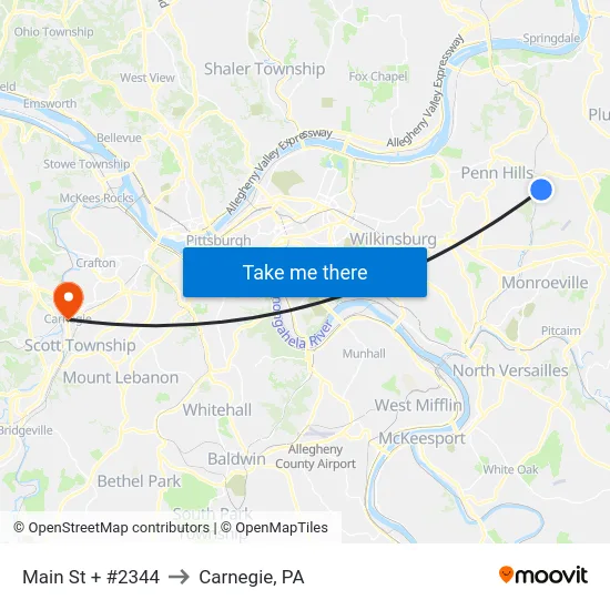 Main St + #2344 to Carnegie, PA map