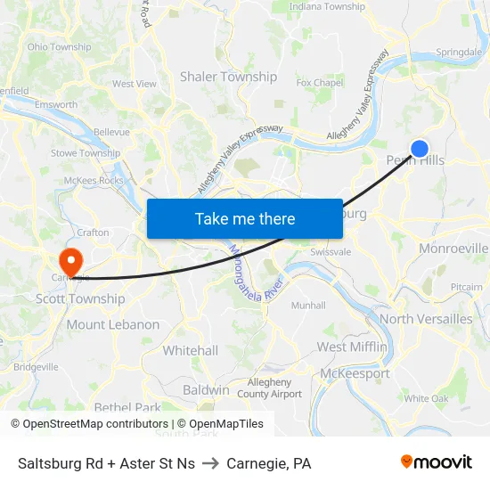 Saltsburg Rd + Aster St Ns to Carnegie, PA map