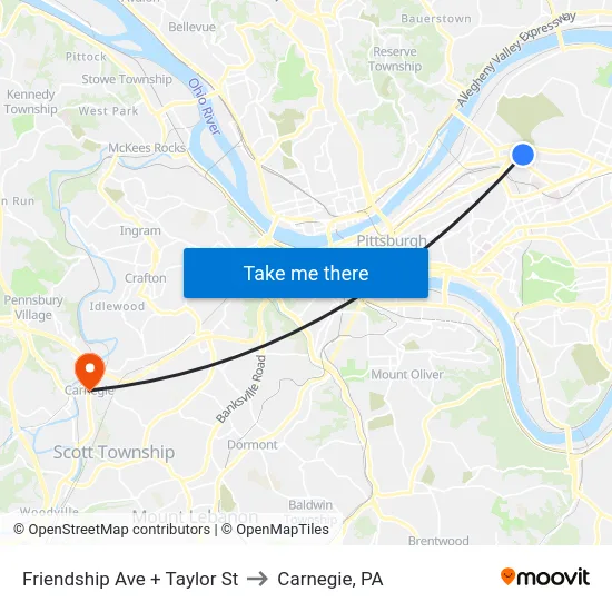 Friendship Ave + Taylor St to Carnegie, PA map
