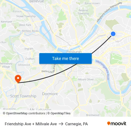 Friendship Ave + Millvale Ave to Carnegie, PA map